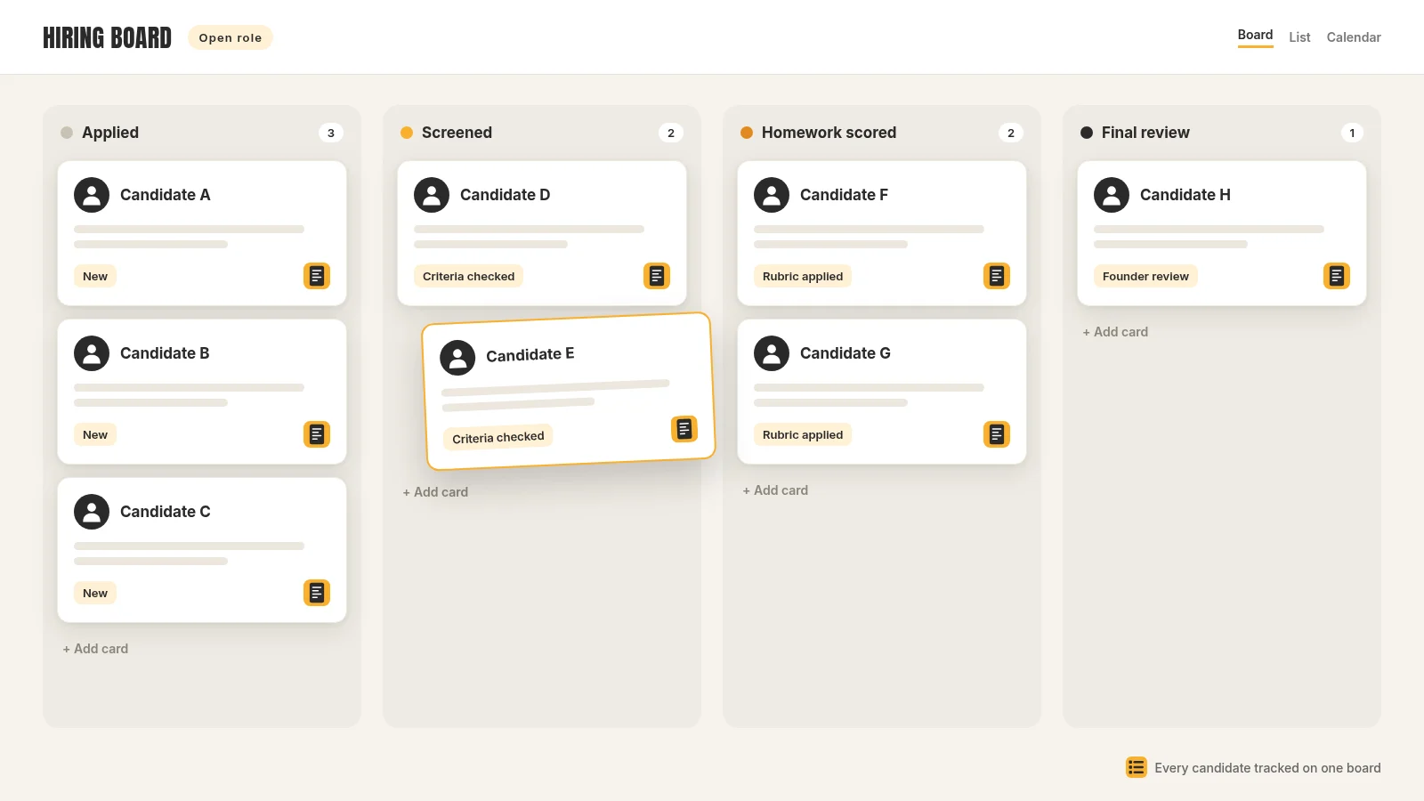 Generic hiring board with placeholder candidate cards moving from Applied to Screened, Homework scored and Final review.