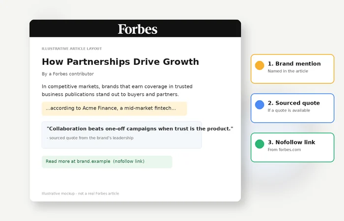 Illustrative Forbes article layout showing a brand mention, sourced quote and nofollow link